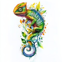 Obraz premium Chameleon's vibrant presence: A majestic Chameleon, a masterpiece of nature's artistry, presents itself, perched upon a delicate stem, boasting a spectrum of colors in its skin.