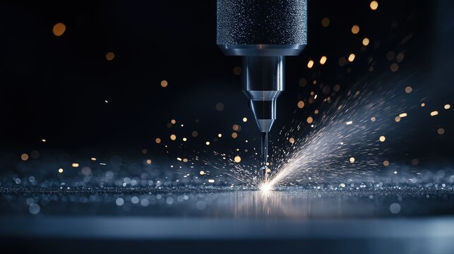 Close-up of a cnc (computer numerical control) machine cutting a piece of metal. the machine is black in color and has a cylindrical shape with a pointed end.
