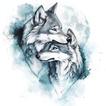 Eternal Bond: Watercolor-style illustration of two majestic wolves embracing, set against a backdrop of a serene moon. Showcasing love and loyalty.