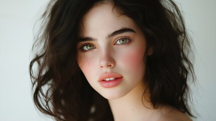 Naklejka premium Close-up portrait of a young woman's face. she has dark hair that is styled in loose curls and falls over her shoulders. her eyes are a piercing blue and her eyebrows are perfectly groomed.