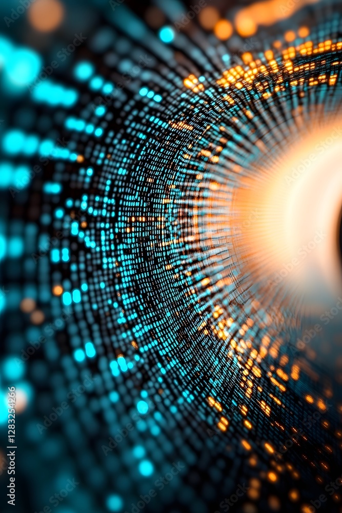 Poster luminescent cybernetic landscape representing the future of intelligence and data technology