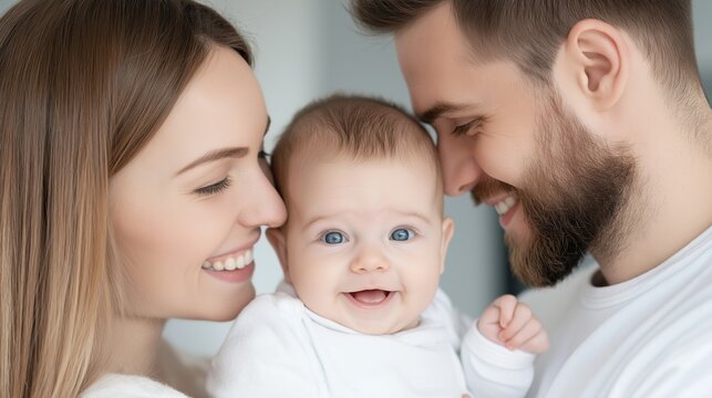 Close-up portrait of a young family of three - a mother, father, and baby. the mother is on the left side of the image, holding the baby in her arms and smiling at the camera.