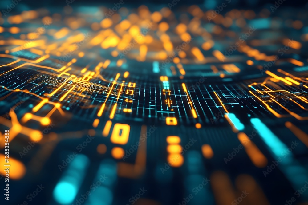 Poster mesmerizing cybernetic backdrop of interconnected glowing blue pixels in a dynamic digital space
