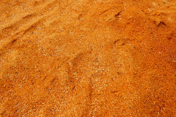 Full Frame Close-Up of Fine Orange Sawdust Wood Texture, Natural Rustic Background for Design and Craft Projects