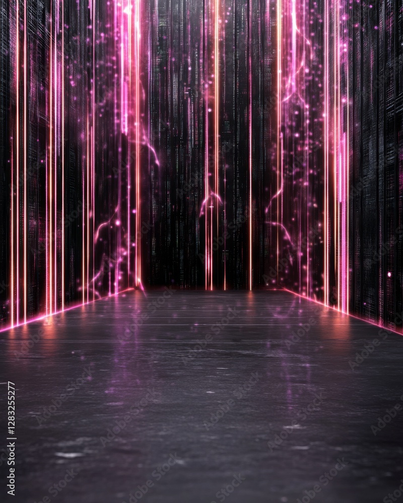 Poster a futuristic scene with glowing pink lights cascading down a dark vertical surface, creating a vibra