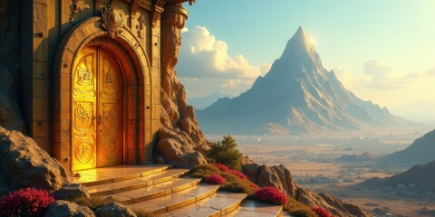 Golden Doorway to a Mountain Vista, a Staircase Ascending Towards a Sunlit Peak and Distant Cityscape