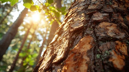 Fototapeta premium Sunlight filtering through tree branches in a dense forest creating warm and inviting nature scene