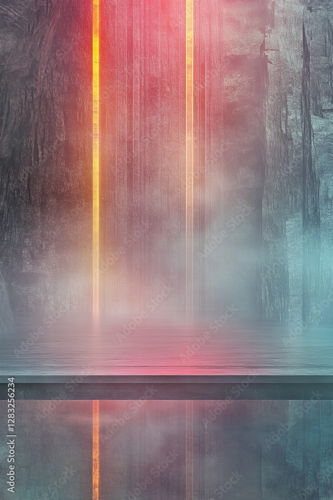 Poster a captivating scene featuring cascading light against a misty backdrop, creating a serene and ethere