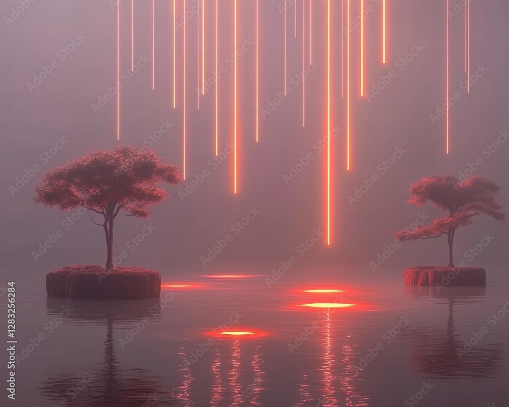 Poster a serene scene featuring two trees on floating islands, illuminated by vibrant, cascading light beam