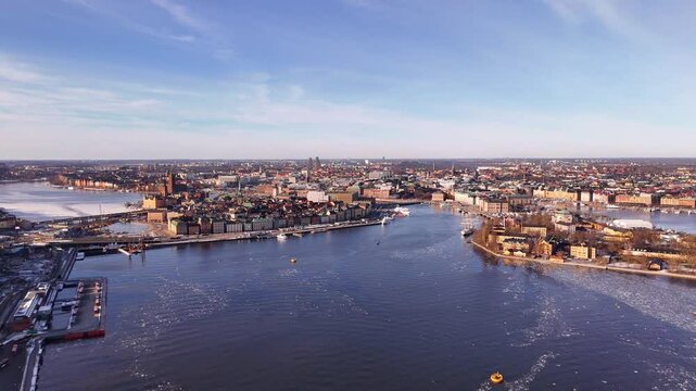 Stockholm, Sweden, inlet towards the old town. Winter, snow, ice, sunshine