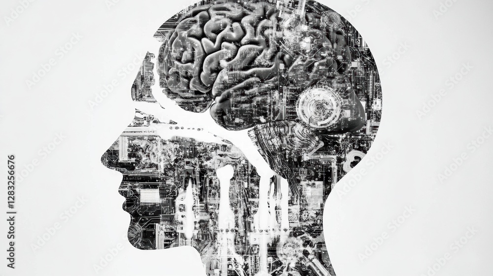 Poster outline of a human head filled with mechanisms illustrating the complexities of artificial intellige