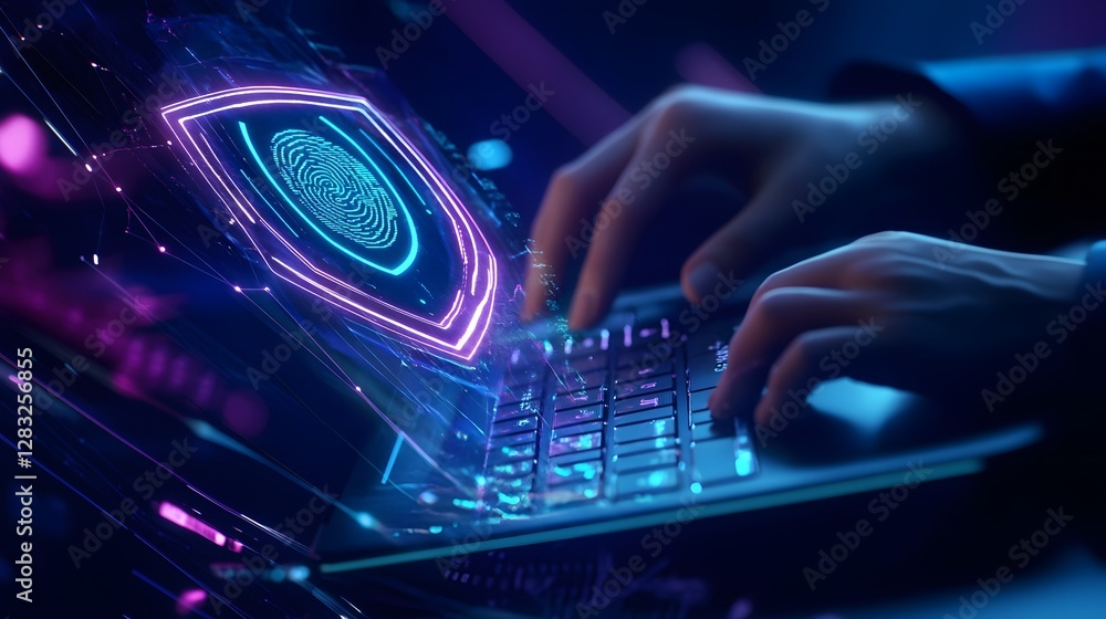 Poster secure futuristic cybersecurity laptop with holographic shield and fingerprint access