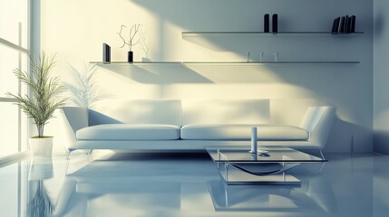 Capture a contemporary living room with minimalist dÃ©cor, a low-profile sofa, a glass coffee table, and built-in shelves, creating a clutter-free, elegant space." 