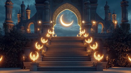 Obraz premium A grand staircase adorned with crescent-shaped lanterns leading to an intricately designed Ramadan arch