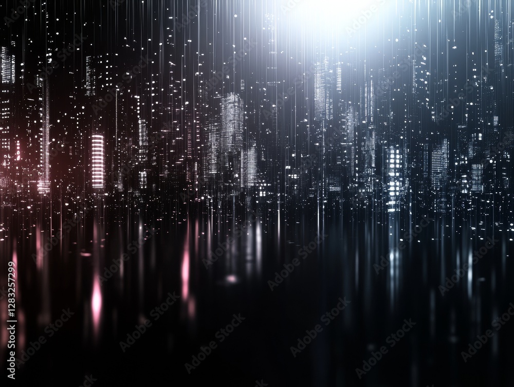 Poster a futuristic digital landscape with shimmering lights and vertical streaks, creating an immersive an