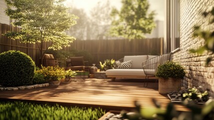 Create a minimalist outdoor patio space with a simple wooden deck, modern furniture, and a small garden, emphasizing serenity and simplicity