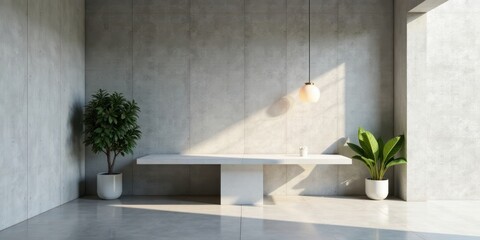 Fototapeta premium Minimalist interior design showcasing a sleek white bench against a textured concrete wall, illuminated by natural light and a pendant lamp, complemented by potted plants adding a touch of greenery