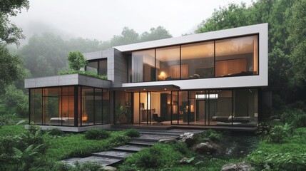 Create a modern minimalist house exterior with clean lines, large glass windows, and a neutral color palette surrounded by a peaceful natural landscape."