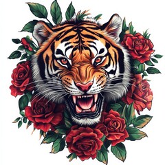 Obraz premium Tiger Roaring Amidst Roses: A stunning depiction of a tiger's fierce gaze, encircled by vibrant red roses and lush green foliage, evokes a sense of wild beauty and untamed elegance.