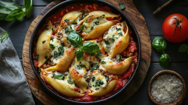 Jumbo shells stuffed with meat and cheese baking in tomato sauce