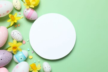 Happy Easter. Colorful eggs, paper card and yellow flowers on color background, space for text or advertising