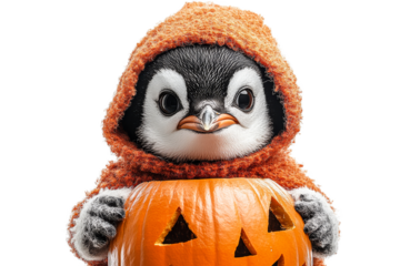 Penguin dressed for Halloween with pumpkin in hand