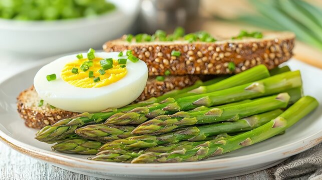 Healthy breakfast featuring boiled egg, asparagus and whole grain bread