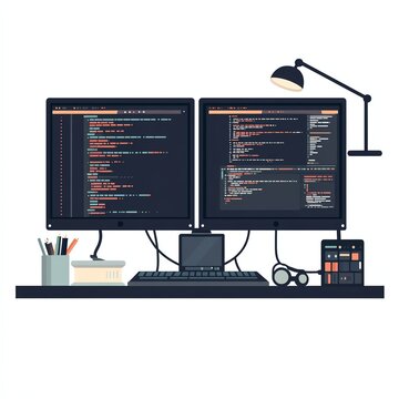 A modern workspace featuring dual monitors with coding interface and office supplies.