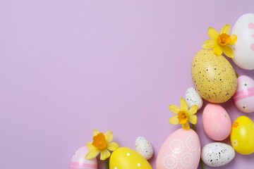 Happy Easter. Colorful eggs and yellow flowers on color background, space for text or advertising