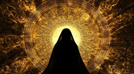 Mystical Figure Silhouette Against Radiant Golden Background