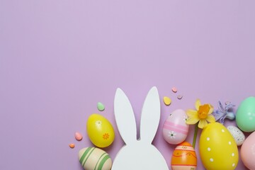 Happy Easter. Colorful eggs, bunny ears and yellow flowers on a pastel color background, space for text or advertising