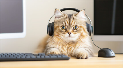A cat wearing headphones while sitting in front of a computer. The cat looks concentrated, engaged in an online activity or perhaps enjoying music, giving a modern tech vibe.