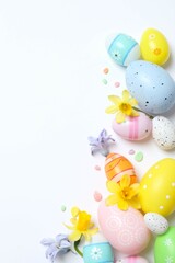Happy Easter. Colorful eggs and yellow flowers on white background, space for text or advertising