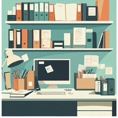 Fototapeta premium A modern workspace featuring organized shelves, a computer, and office supplies.