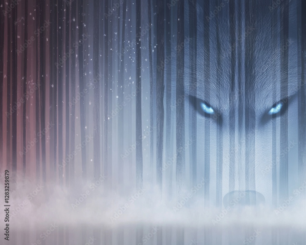 Poster a mysterious abstract image featuring a wolf's face hidden behind ethereal mist and vertical lines, 