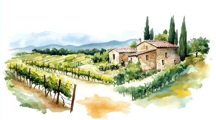 Watercolor Painting of a Vineyard and Farmhouse