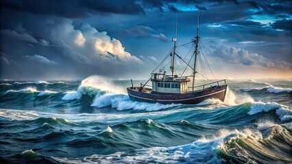 Obraz premium Dark grey vessel on turbulent blue sea with massive waves and wind-swept sails