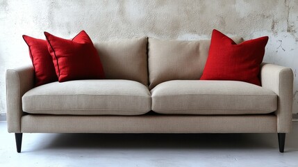 Modern Beige Sofa with Red Pillows