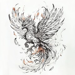 Obraz premium Design Tattoo: A stunning monochrome illustration of a phoenix in mid-flight, with detailed feathers and a fiery aura, evoking a sense of rebirth and strength.