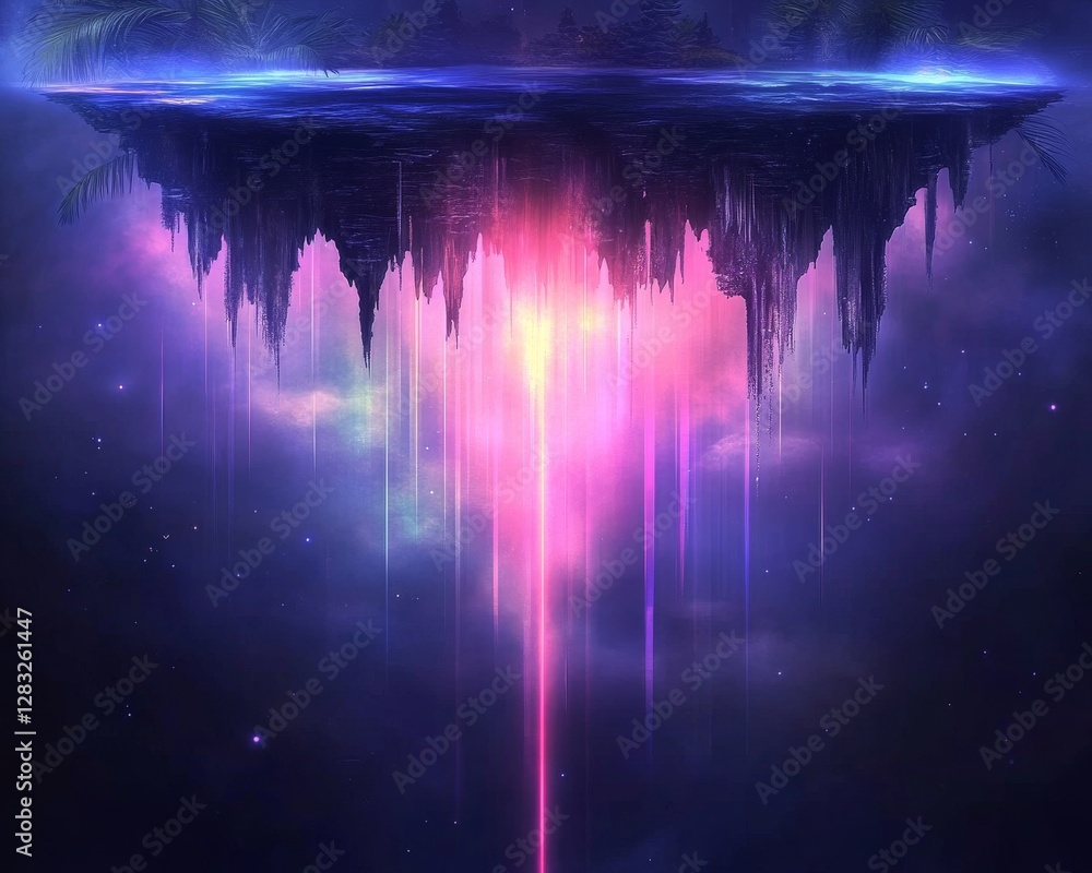 Poster a floating island with cascading lights and vibrant colors, suspended in a cosmic backdrop, creating