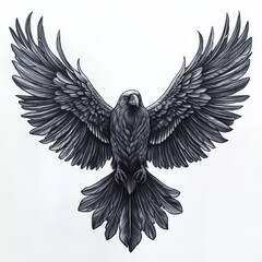 Fototapeta premium Design Tattoo: A detailed monochrome illustration of a raven, wings fully outstretched in a dramatic descent, conveying a sense of power and mystique.