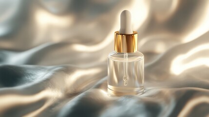 Naklejka premium Glass dropper bottle releasing a golden serum drop on a soft-focus silk fabric for skincare concept. No text, no people.