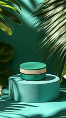 Teal Cosmetic Product Display Against Tropical Leaves