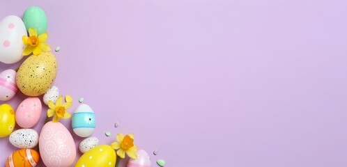 Happy Easter. Colorful eggs, bunny ears and yellow flowers on a pastel color background, space for text or advertising