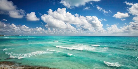 Obraz premium Tilt-Shift Photography of Vast Turquoise Ocean Waves Under Bright Blue Sky with Fluffy White Clouds - Ideal for Travel and Nature Themes