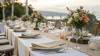 Fototapeta premium Tilt-Shift Wedding Reception Table Decor: Exquisite Napkins & Natural Flowers