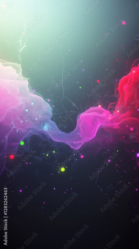 Poster a vibrant, abstract swirl of colorful light and smoke textures against a dark background, creating a