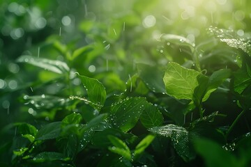 Fresh Green Leaves with Raindrops and Soft Light in Nature