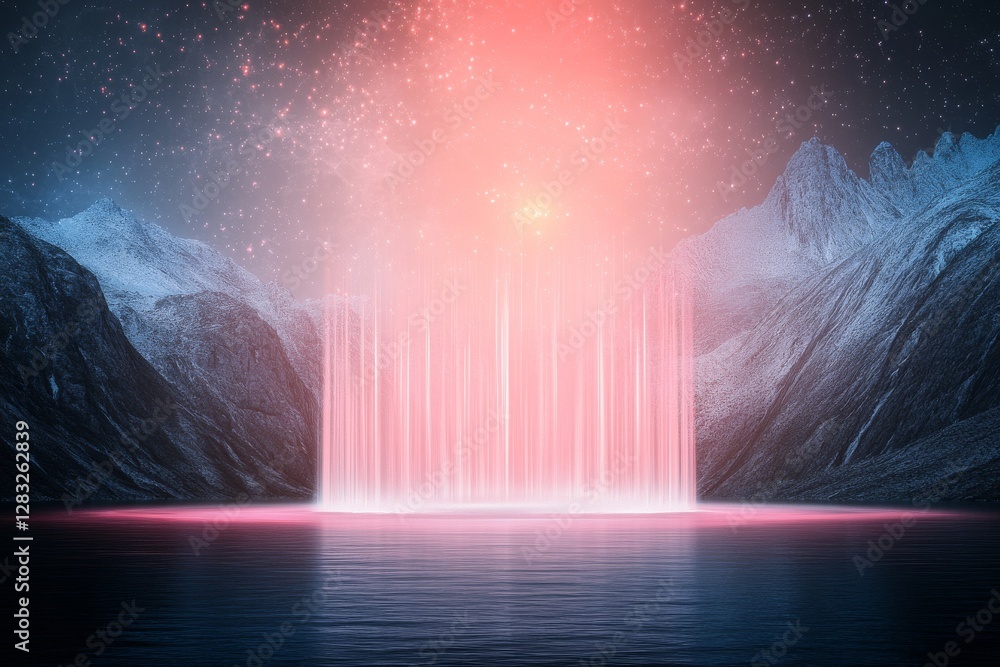 Poster a stunning visualization of colorful light rays emanating from a lake surrounded by mountains, creat