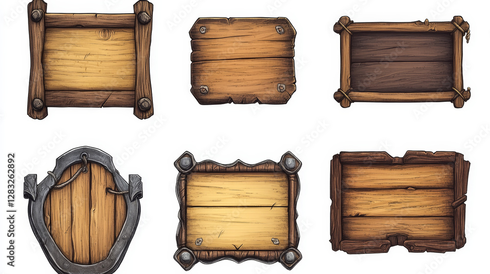Poster wooden plaque sign board cartoon vector tag label. isolated wood signboard set with frame for game i